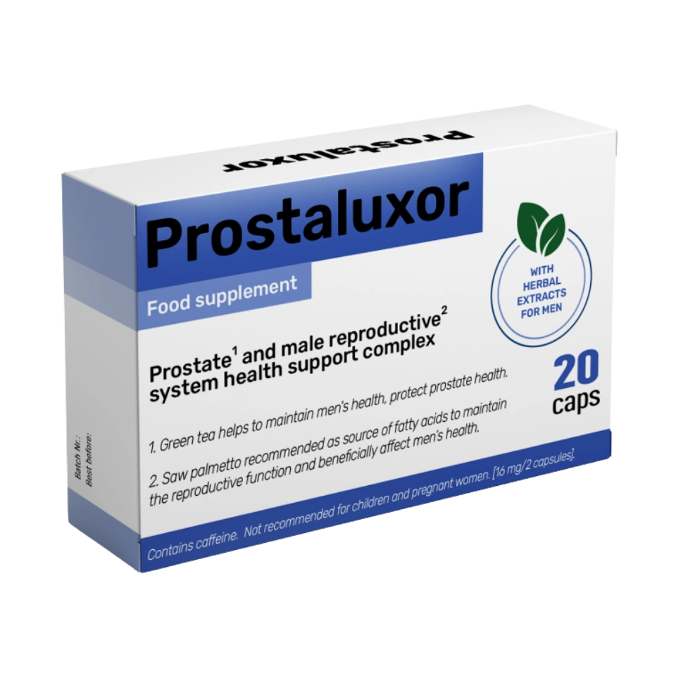 Prostaluxor food supplement box with 20 capsules and herbal extracts for men